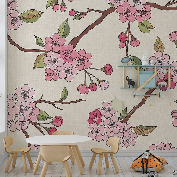 Papel de parede para quarto de bebé | Flores de cerejeira delicadas sobre fundo suave