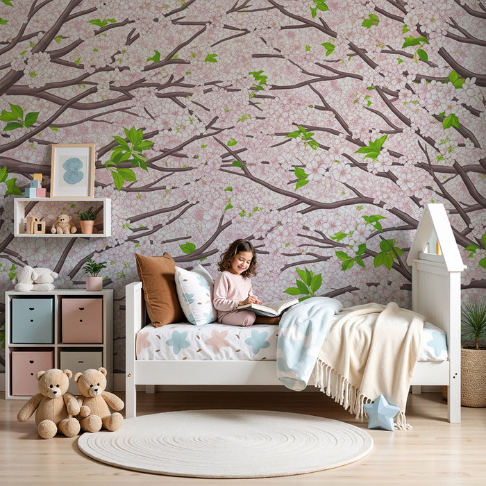 Papel de parede para quarto de bebé | Flores de cerejeira delicadas sobre fundo pastel