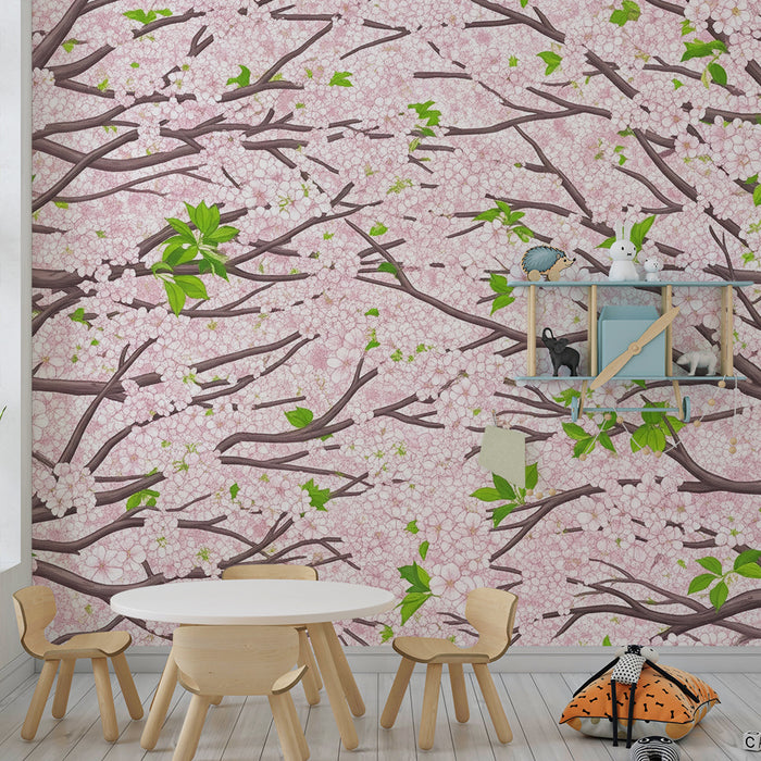 Papel de parede para quarto de bebé | Flores de cerejeira delicadas sobre fundo pastel