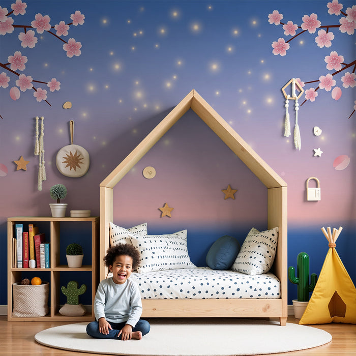 Lastenhuoneen tapetti | Kirsikkapuun kukat ja tähtitaivas