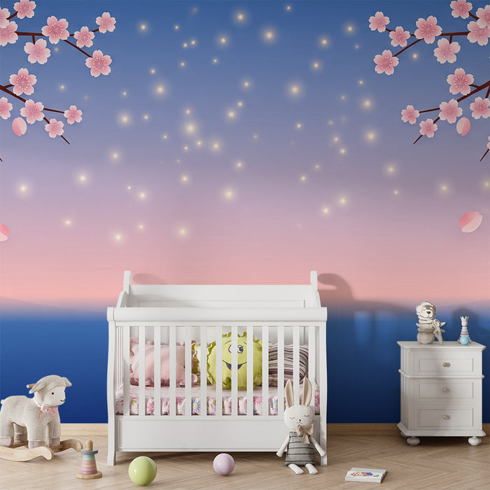 Lastenhuoneen tapetti | Kirsikkapuun kukat ja tähtitaivas