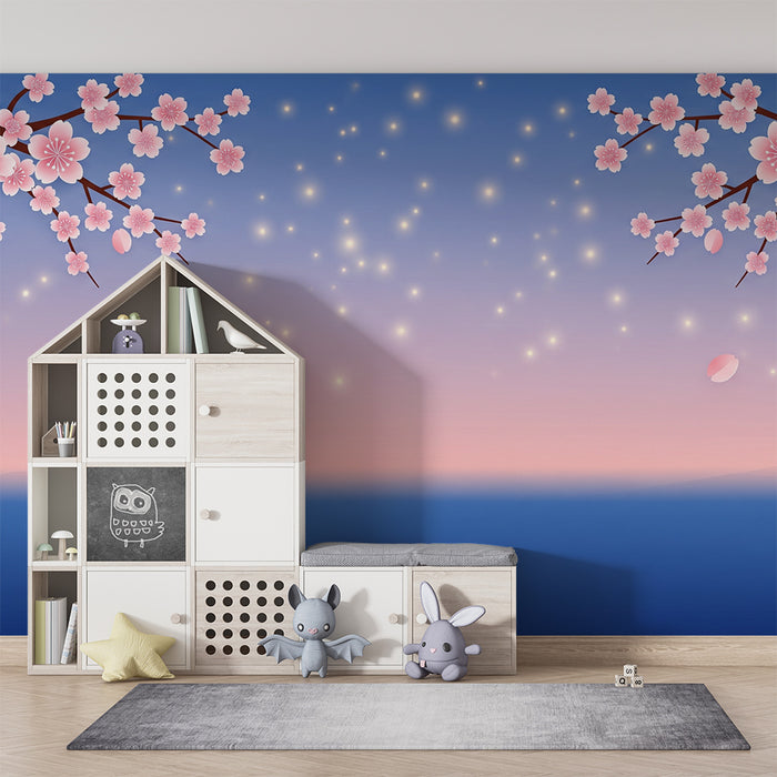 Lastenhuoneen tapetti | Kirsikkapuun kukat ja tähtitaivas