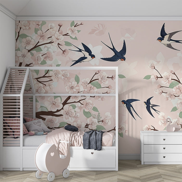 Tapet till babyrummet | Körsbärsblommor och flygande svalor