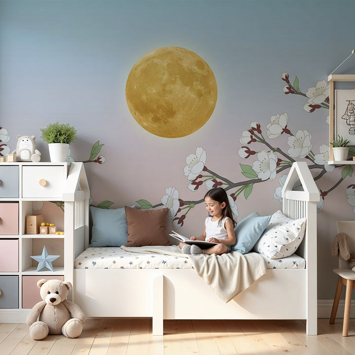 Papier peint chambre bébé | Fleurs de cerisier et lune dorée dans un ciel pastel
