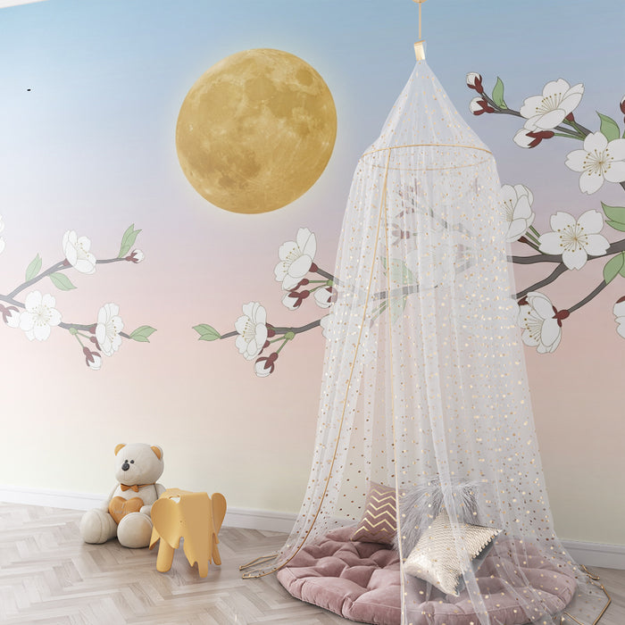Papier peint chambre bébé | Fleurs de cerisier et lune dorée dans un ciel pastel
