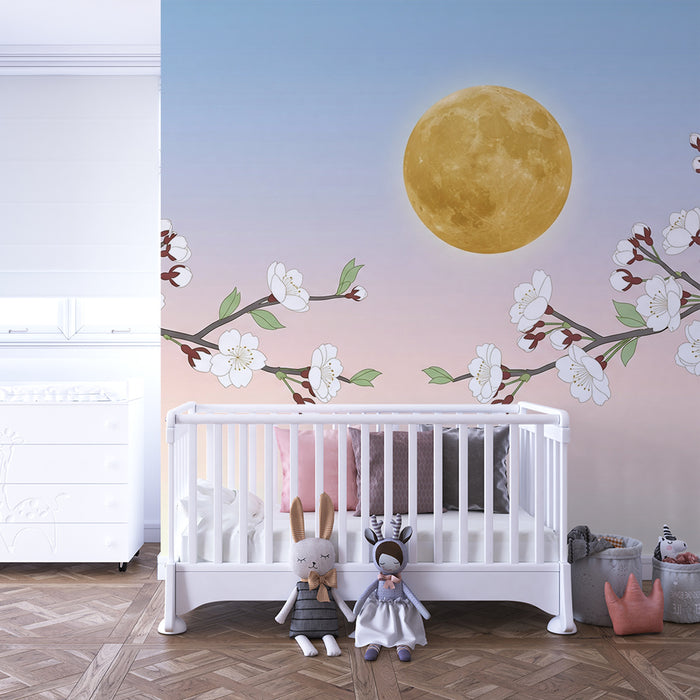 Papier peint chambre bébé | Fleurs de cerisier et lune dorée dans un ciel pastel