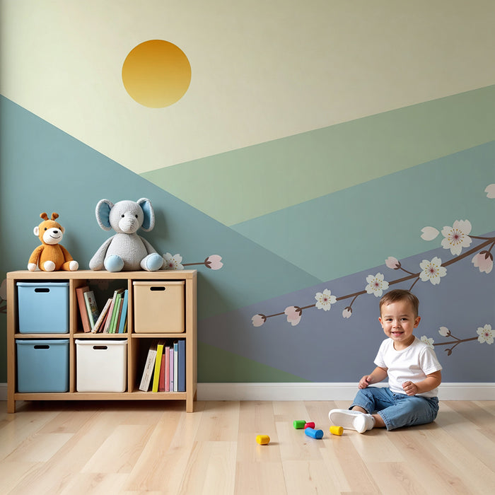 Papel pintado infantil | Flores de cerezo y montañas pastel