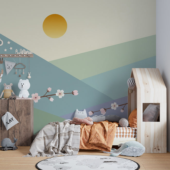 Papel pintado infantil | Flores de cerezo y montañas pastel