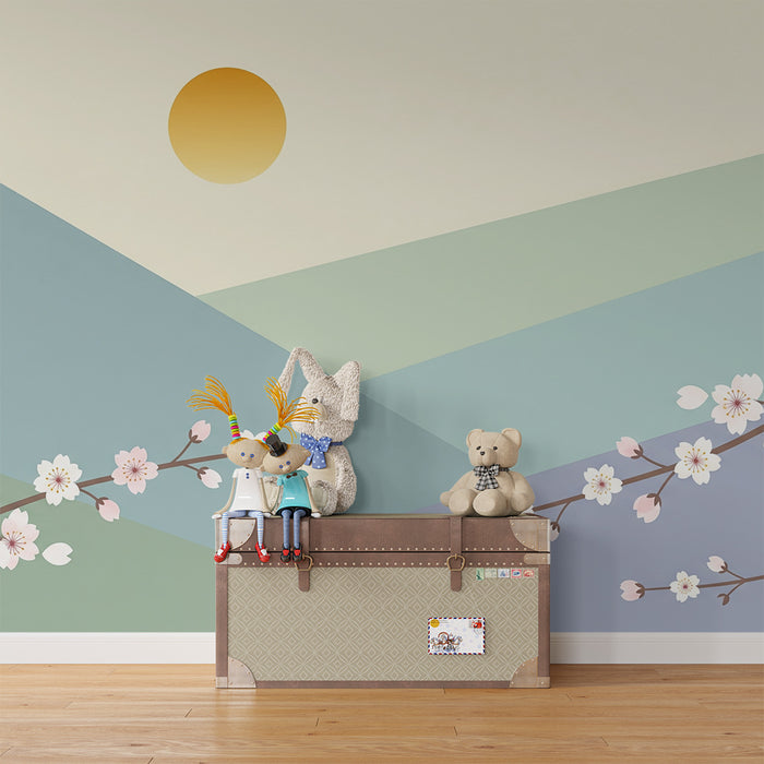 Papel pintado infantil | Flores de cerezo y montañas pastel
