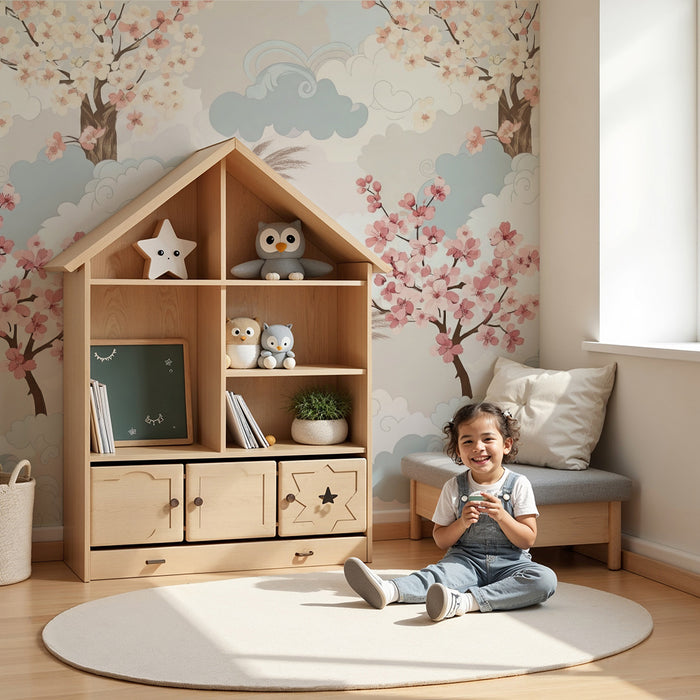 Papel de parede quarto bebê | Flores de cerejeira e nuvens suaves em tons pastel