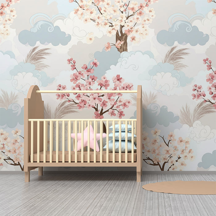 Papel de parede quarto bebê | Flores de cerejeira e nuvens suaves em tons pastel