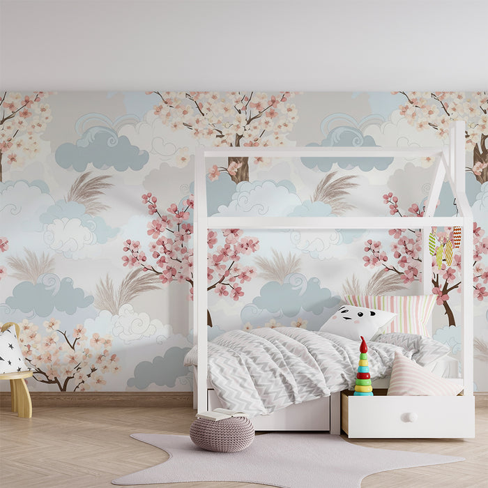 Papel de parede quarto bebê | Flores de cerejeira e nuvens suaves em tons pastel