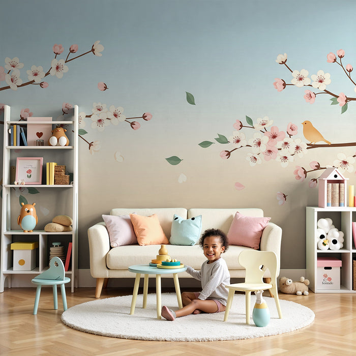 Papier peint chambre bébé | Fleurs de cerisier et oiseaux dans un ciel pastel