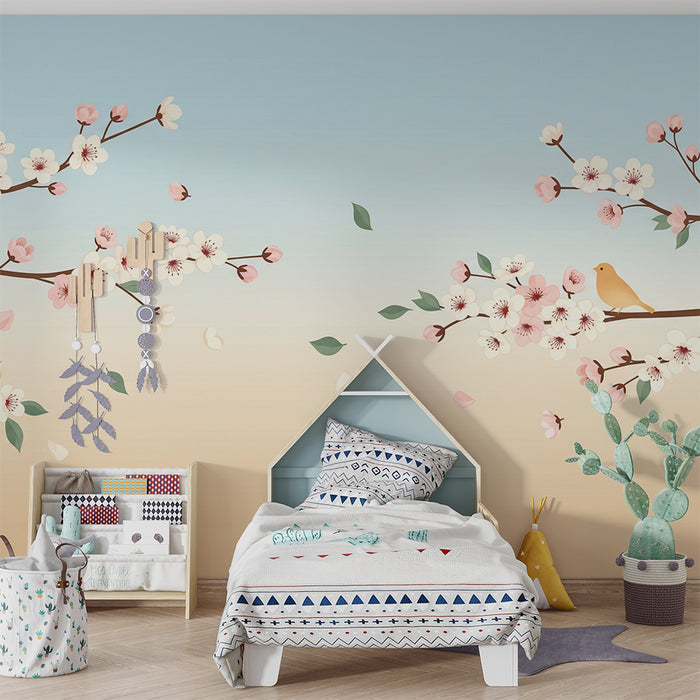Papier peint chambre bébé | Fleurs de cerisier et oiseaux dans un ciel pastel