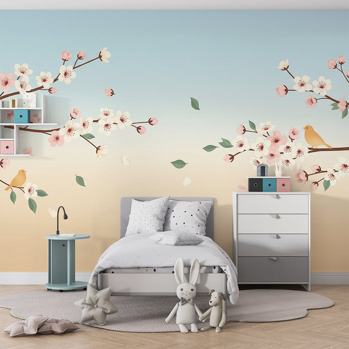 Papier peint chambre bébé | Fleurs de cerisier et oiseaux dans un ciel pastel