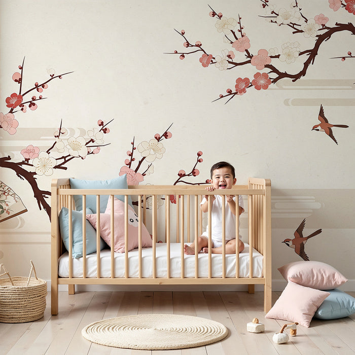 Papier peint chambre bébé | Fleurs de cerisier et oiseaux dans un décor apaisant