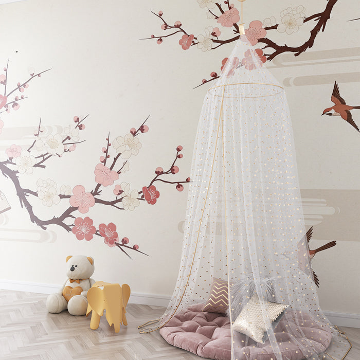 Papier peint chambre bébé | Fleurs de cerisier et oiseaux dans un décor apaisant
