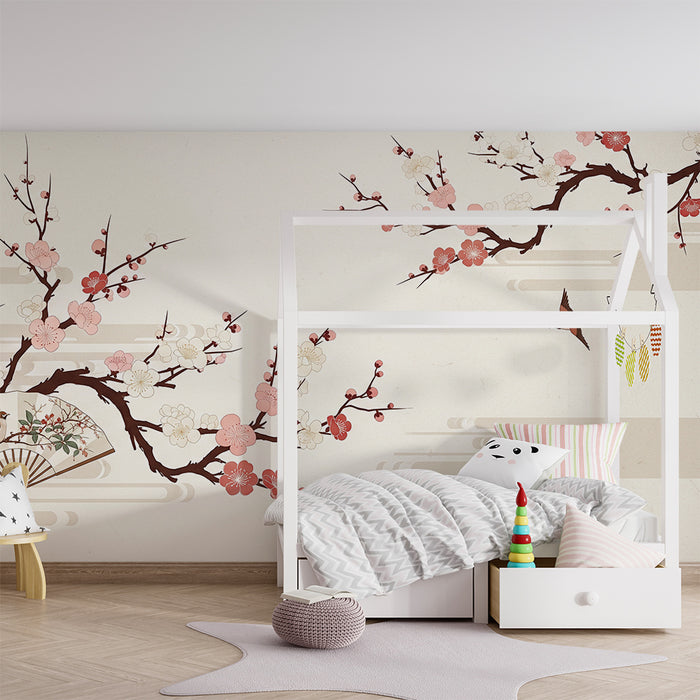 Papier peint chambre bébé | Fleurs de cerisier et oiseaux dans un décor apaisant