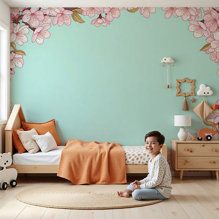 Babyzimmer Tapete | Kirschblüten auf blauem Grund