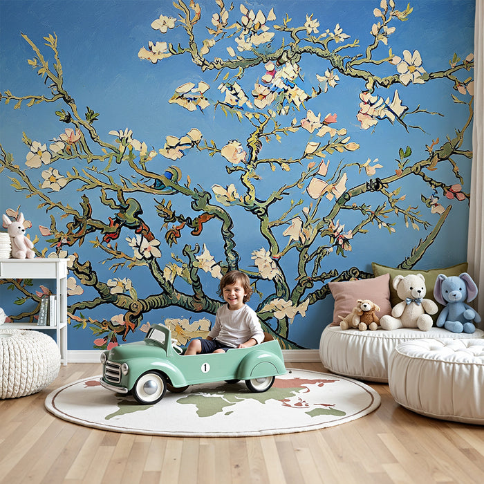Nursery room wallpaper | Cherry blossoms on blue background