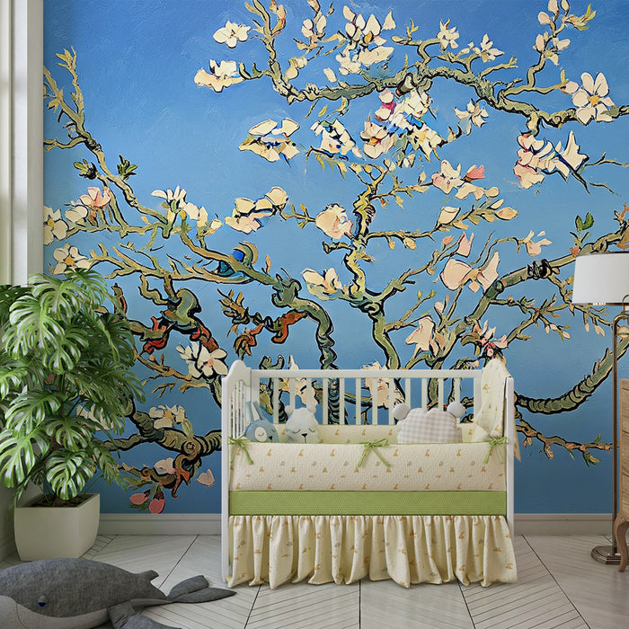 Nursery room wallpaper | Cherry blossoms on blue background