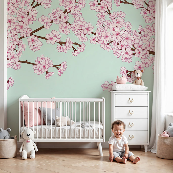 Tapet till babyrummet | Körsbärsblommor på pastellbakgrund
