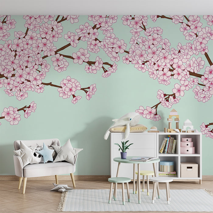 Tapet till babyrummet | Körsbärsblommor på pastellbakgrund