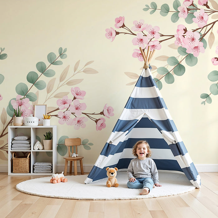 Børneværelse tapet | Kirsebærblomster og eukalyptus