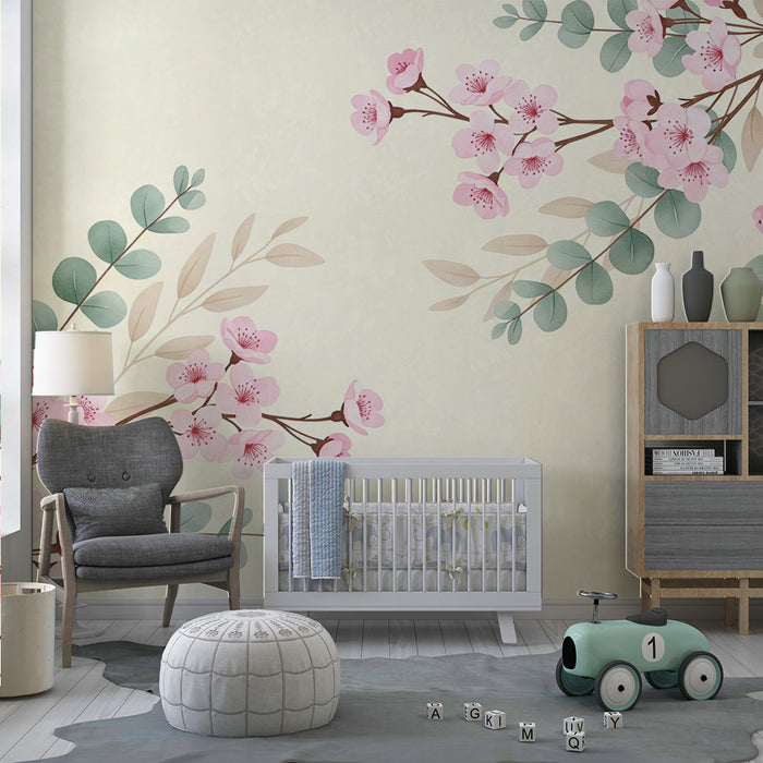 Børneværelse tapet | Kirsebærblomster og eukalyptus