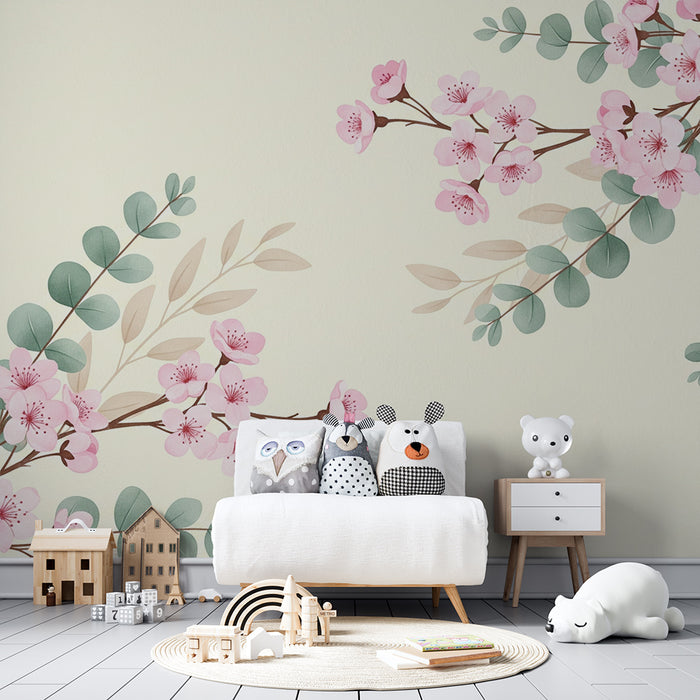 Børneværelse tapet | Kirsebærblomster og eukalyptus