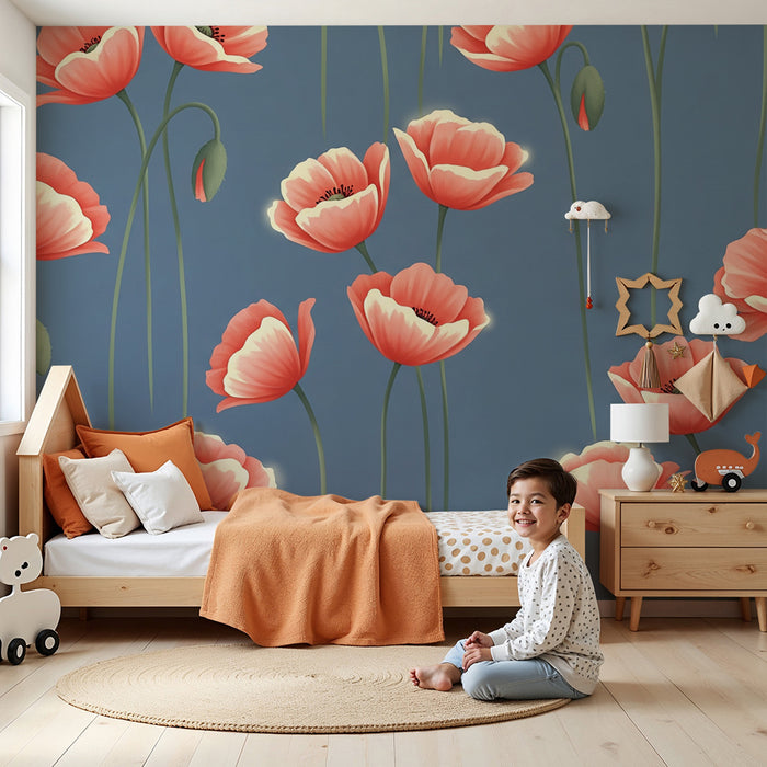 Lastenhuoneen tapetti | Unikonsiemen kukkia sinisellä pohjalla