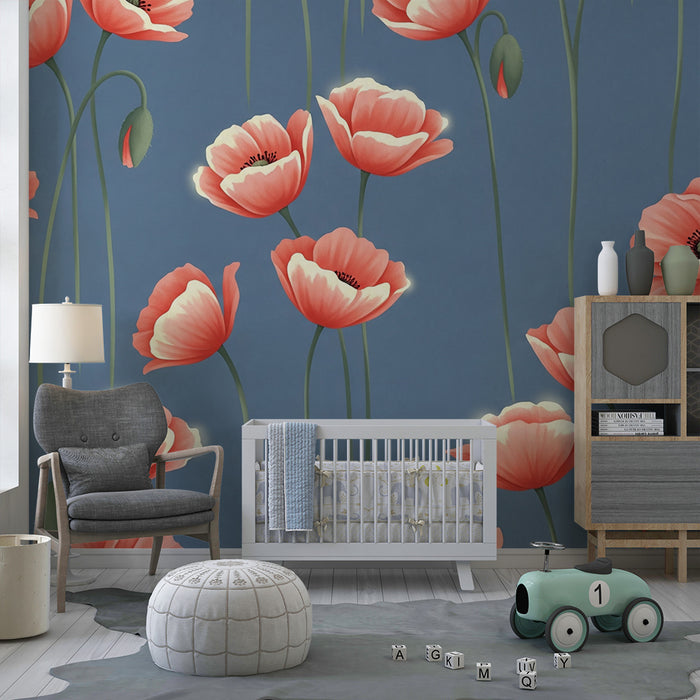 Lastenhuoneen tapetti | Unikonsiemen kukkia sinisellä pohjalla