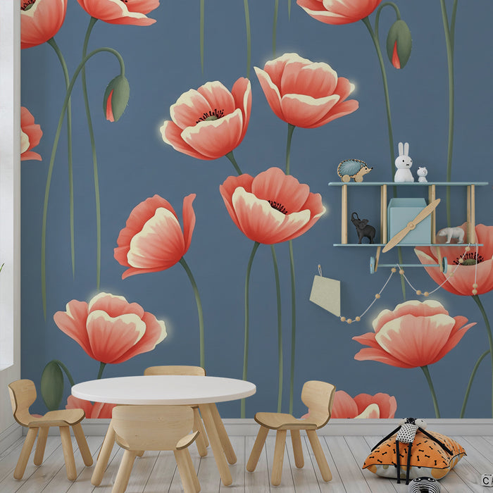 Lastenhuoneen tapetti | Unikonsiemen kukkia sinisellä pohjalla