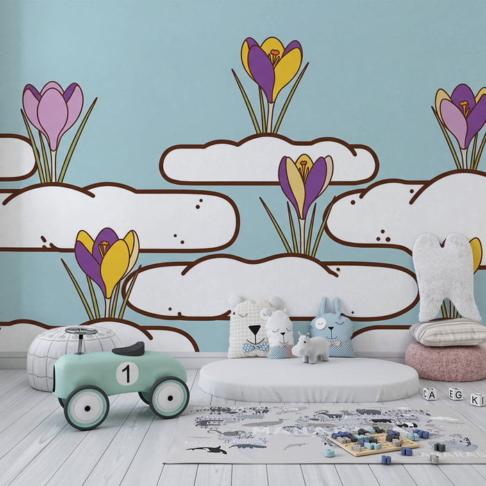 Nursery room wallpaper | Crocus flowers floating on clouds