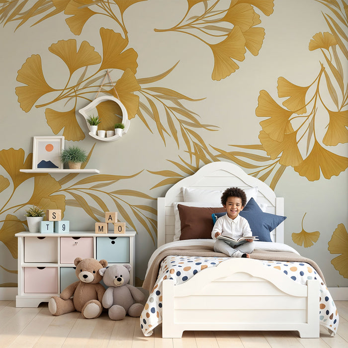 Papier peint chambre bébé | Fleurs de ginkgo dorées sur fond crème