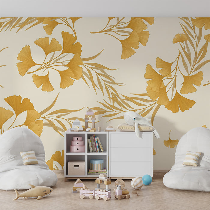 Papier peint chambre bébé | Fleurs de ginkgo dorées sur fond crème