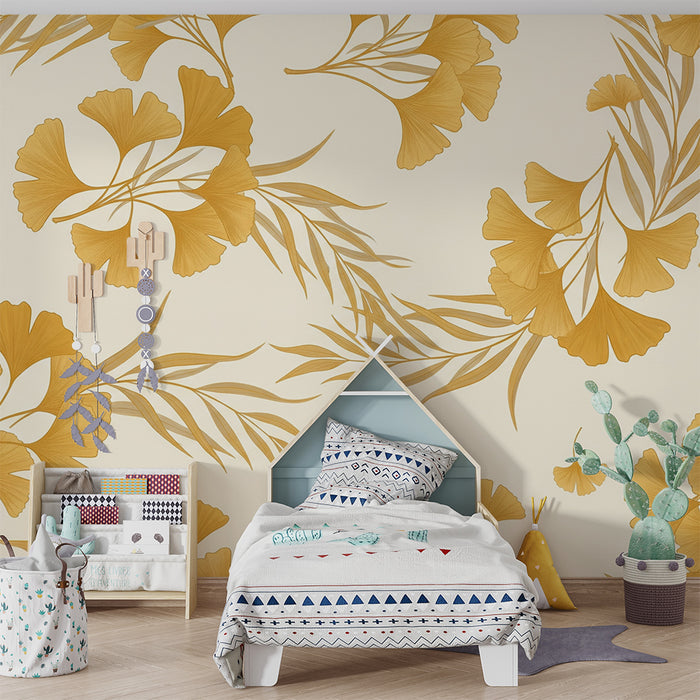 Papier peint chambre bébé | Fleurs de ginkgo dorées sur fond crème