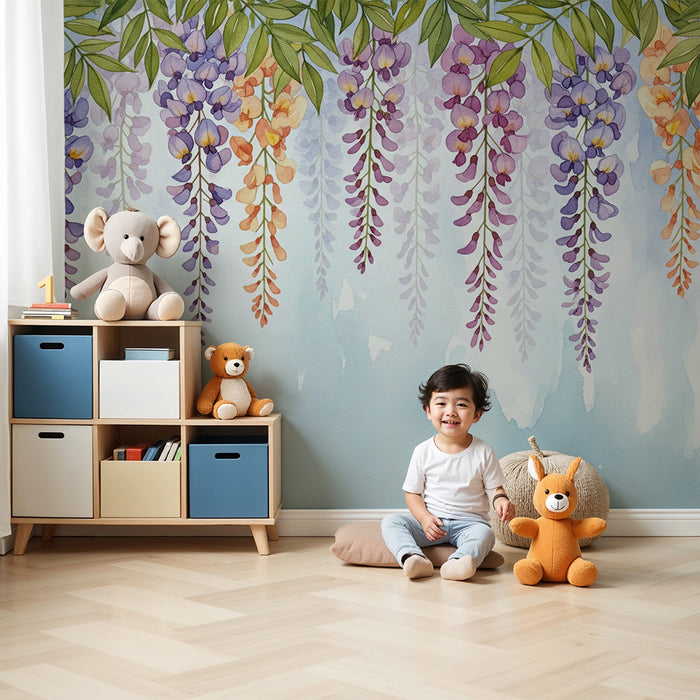 Tapet pentru camera copilului | Flori de glicină delicate pe fundal acuarelă