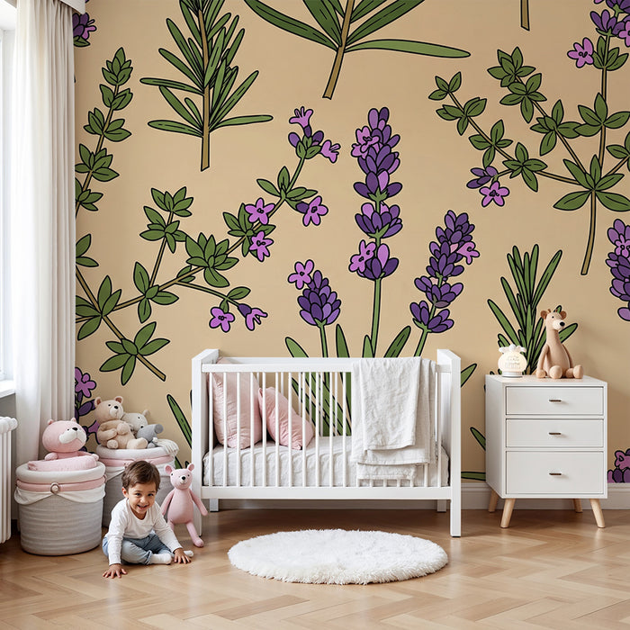 Papel de parede quarto bebê | Flores de lavanda e ervas aromáticas em fundo suave