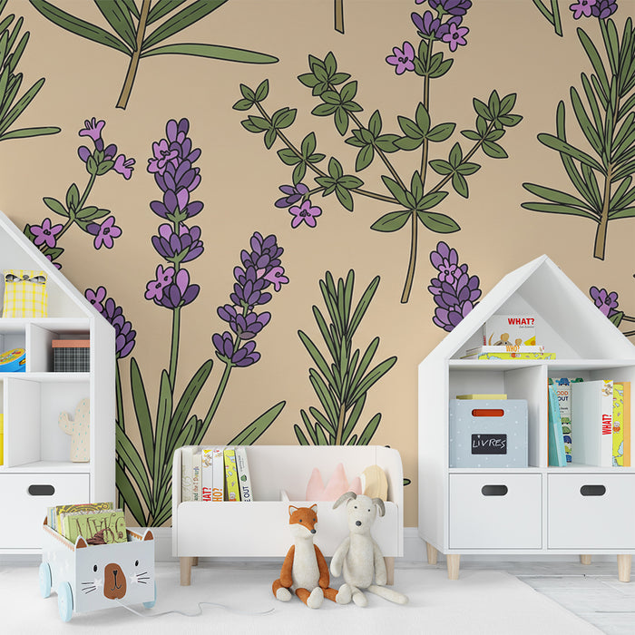 Papel de parede quarto bebê | Flores de lavanda e ervas aromáticas em fundo suave