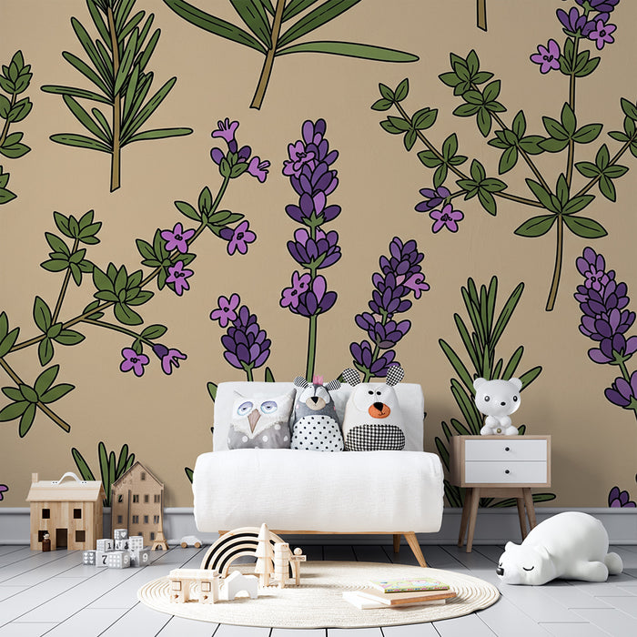 Papel de parede quarto bebê | Flores de lavanda e ervas aromáticas em fundo suave