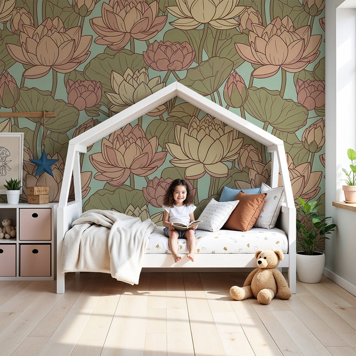 Tapet pentru camera copilului | Flori de lotus delicate pe fundal calmant