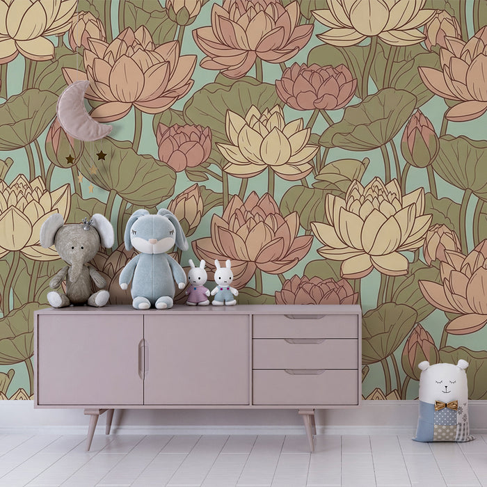 Tapet pentru camera copilului | Flori de lotus delicate pe fundal calmant