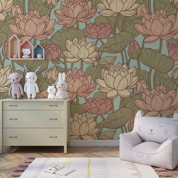 Tapet pentru camera copilului | Flori de lotus delicate pe fundal calmant