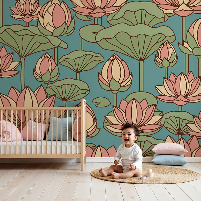 Papel de parede quarto bebê | Flori de lotus delicate pe fund acvatic