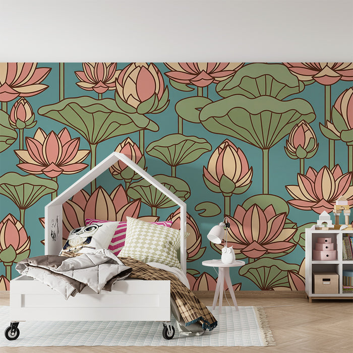 Papel de parede quarto bebê | Flori de lotus delicate pe fund acvatic