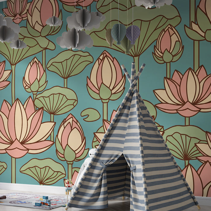 Papel de parede quarto bebê | Flori de lotus delicate pe fund acvatic