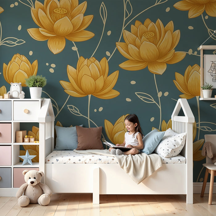 Papier peint chambre bébé | Fleurs de lotus dorées sur fond bleu