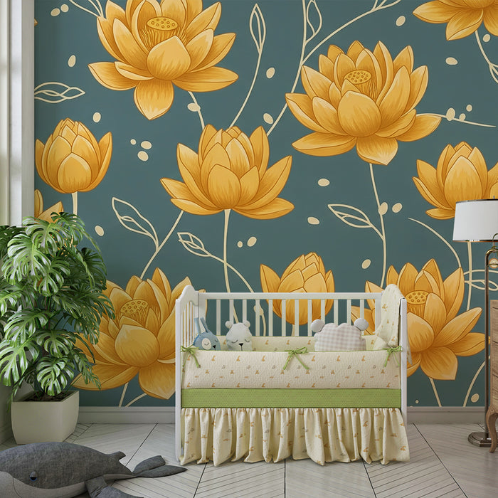 Papier peint chambre bébé | Fleurs de lotus dorées sur fond bleu