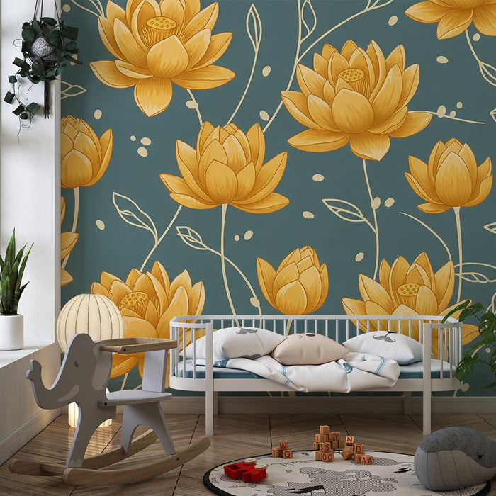 Papier peint chambre bébé | Fleurs de lotus dorées sur fond bleu